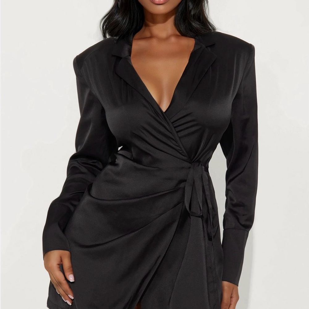 Fashion Nova Black Satin Tie-Waist Wrap Mini Dress - Picture 1 of 2